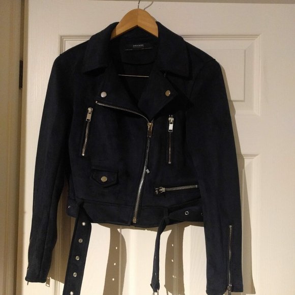 Zara Navy Faux Suede Biker Jacket - Picture 1 of 4
